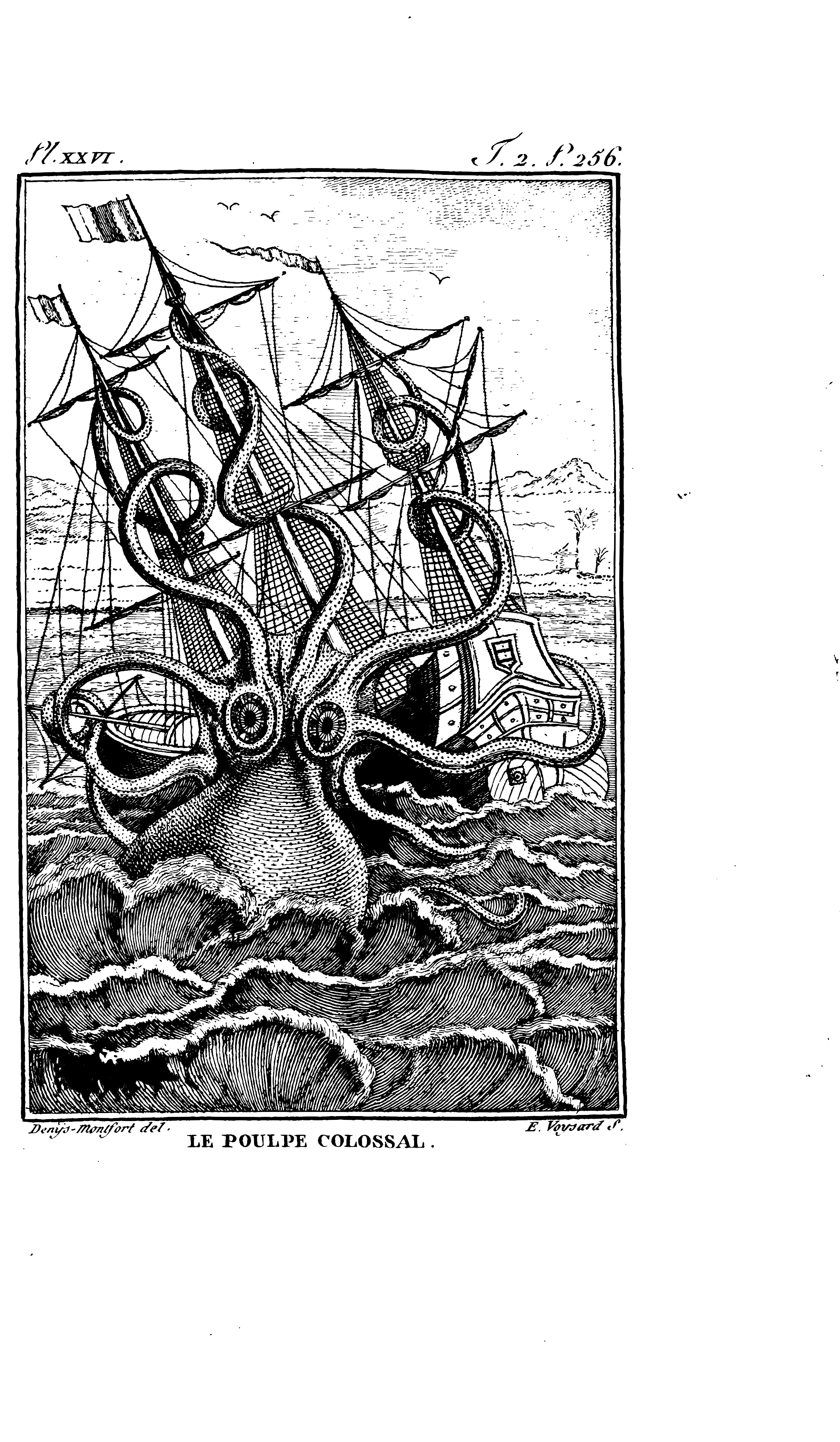 Kraken und Segelschiff, mit Kalamo vektorisiert: schwarze Linien auf Weiß