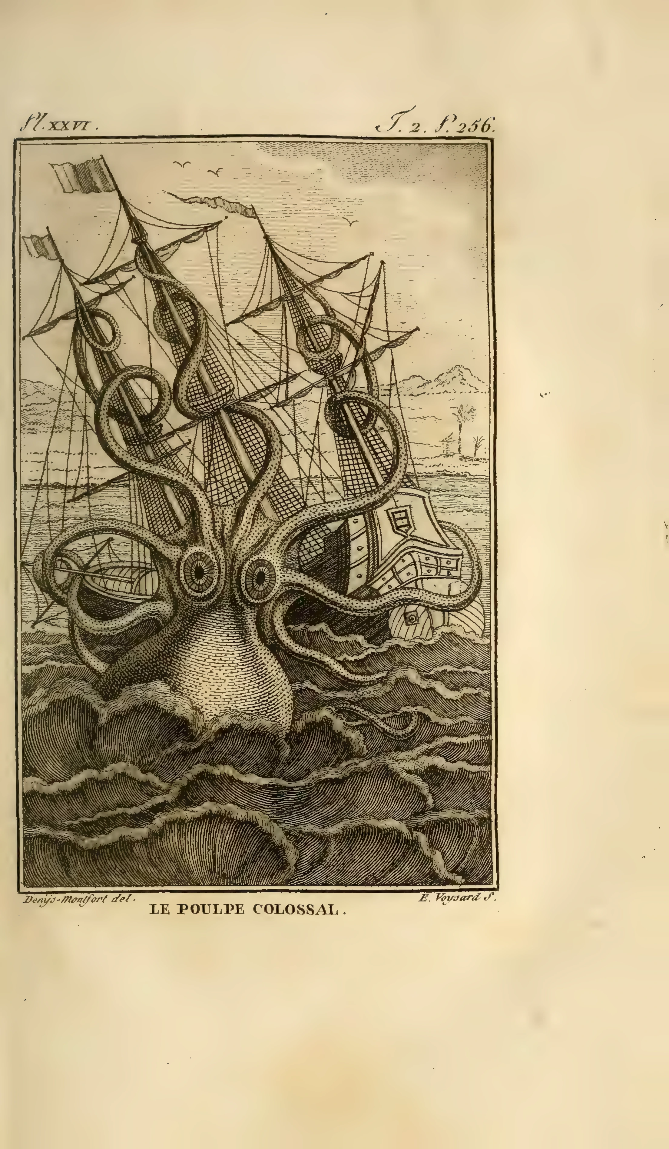 Kraken und Segelschiff im originalen historischen Buchscan