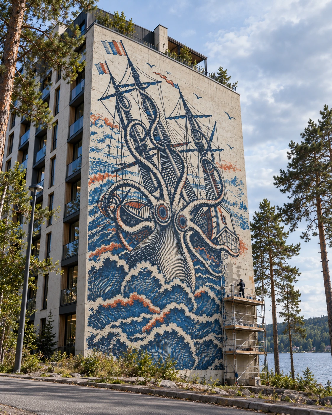 Krakenmural mit Segelschiff an einer hohen Hausfassade am Seeufer, davor ein Gerüst